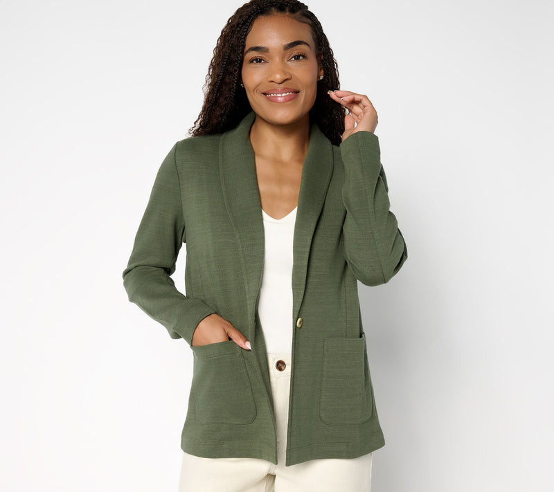 Denim & Co. Textured Cotton Button Front Blazer with Pockets — View 13