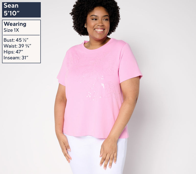 Isaac Mizrahi Live! Easy Fit Cotton Crew Neck Sequin T-Shirt — View 2