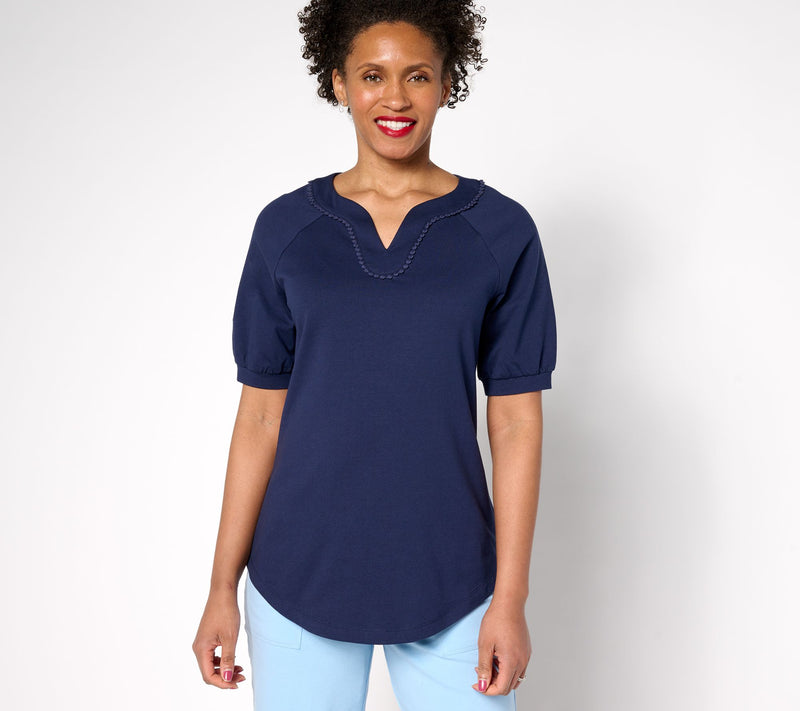 Sport Savvy Cotton Span Elbow Sleeve Top with Pom Neckline — View 11