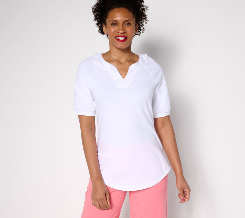 Sport Savvy Cotton Span Elbow Sleeve Top with Pom Neckline — View 13