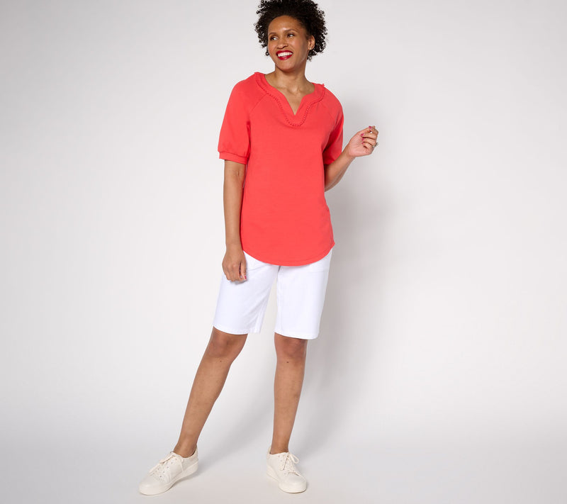 Sport Savvy Cotton Span Elbow Sleeve Top with Pom Neckline — View 5