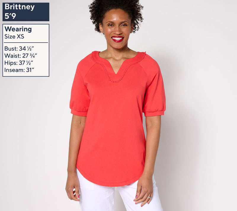 Sport Savvy Cotton Span Elbow Sleeve Top with Pom Neckline — View 3