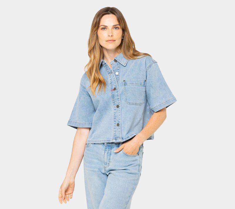 Peace Love World Short-Sleeve Denim Jacket — View 7