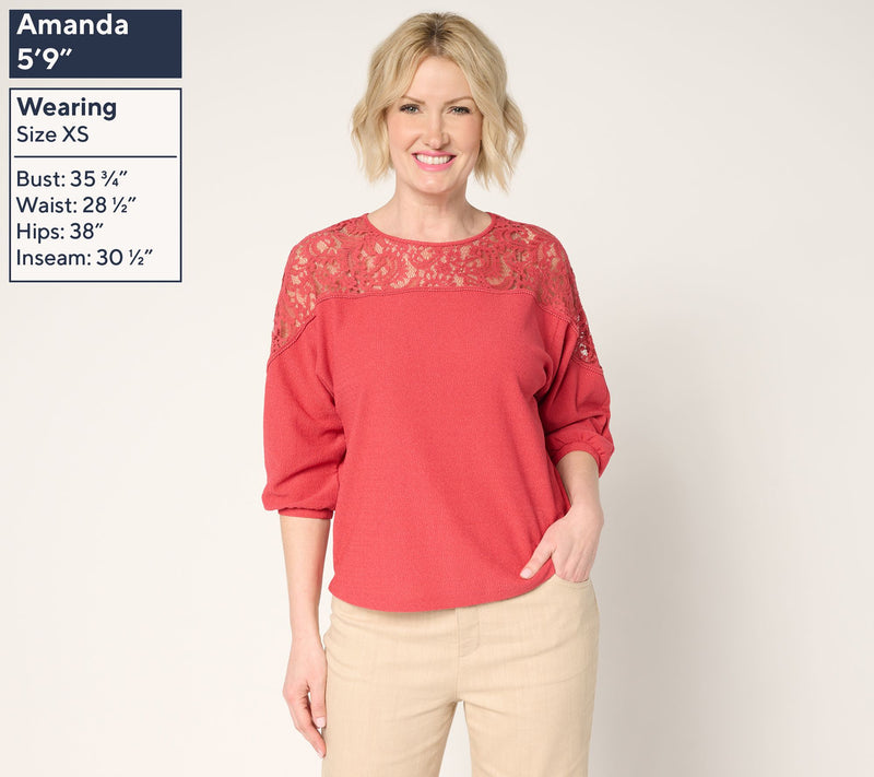 BEAUTIFUL by Lawrence Zarian The Holly Lace Crew Neck 3/4 Sleeve Top — View 11