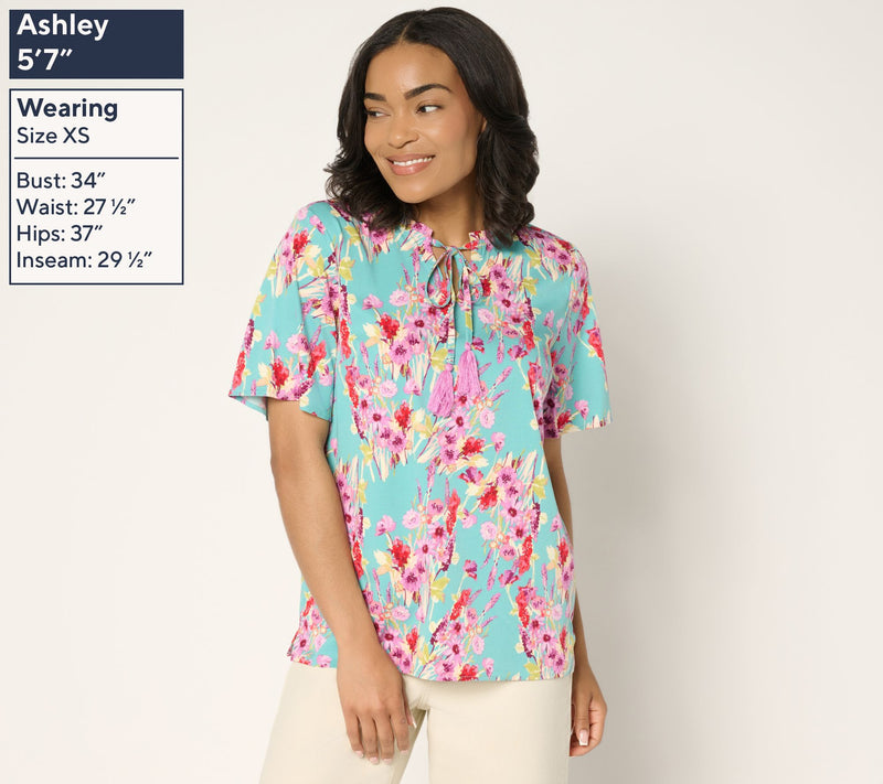 Denim & Co. Short Sleeve Printed Blouse with Tassels — View 9