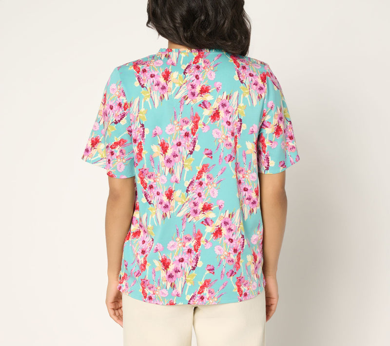 Denim & Co. Short Sleeve Printed Blouse with Tassels — View 10