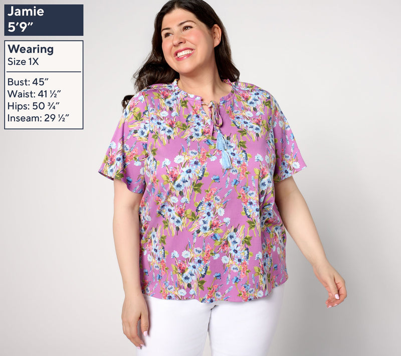 Denim & Co. Short Sleeve Printed Blouse with Tassels — View 8