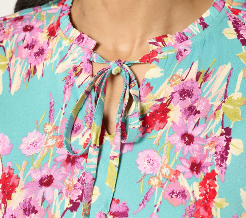 Denim & Co. Short Sleeve Printed Blouse with Tassels — View 12