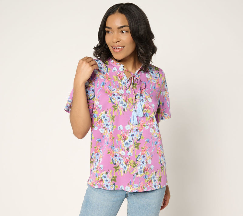 Denim & Co. Short Sleeve Printed Blouse with Tassels — View 5