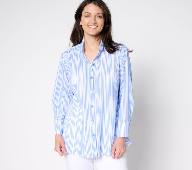 Joan Rivers Stretch Woven Textured Stripe Button-Front Shirt — View 10