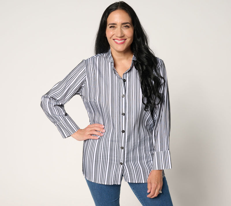 Joan Rivers Stretch Woven Textured Stripe Button-Front Shirt — View 3