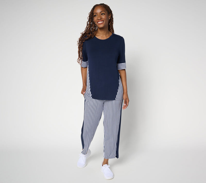 Sport Savvy Petite Mixed Stripe Elbow Sleeve Top and Ankle Pant Set — View 5