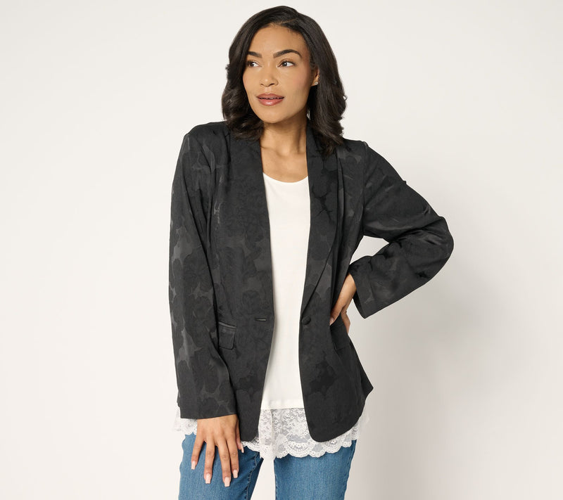 LOGO by Lori Goldstein Button Front Shawl Collar Jacquard Blazer — View 11