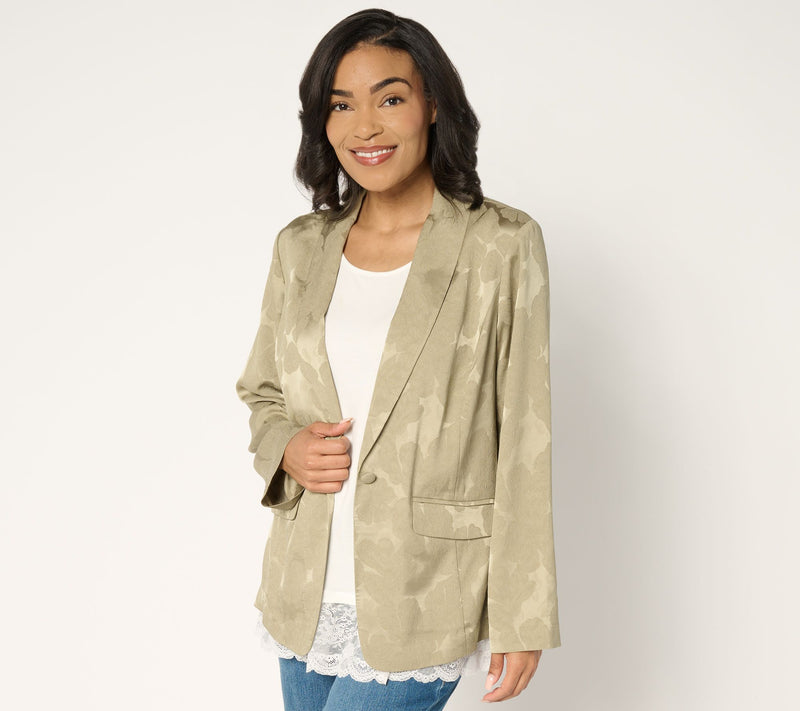 LOGO by Lori Goldstein Button Front Shawl Collar Jacquard Blazer — View 12