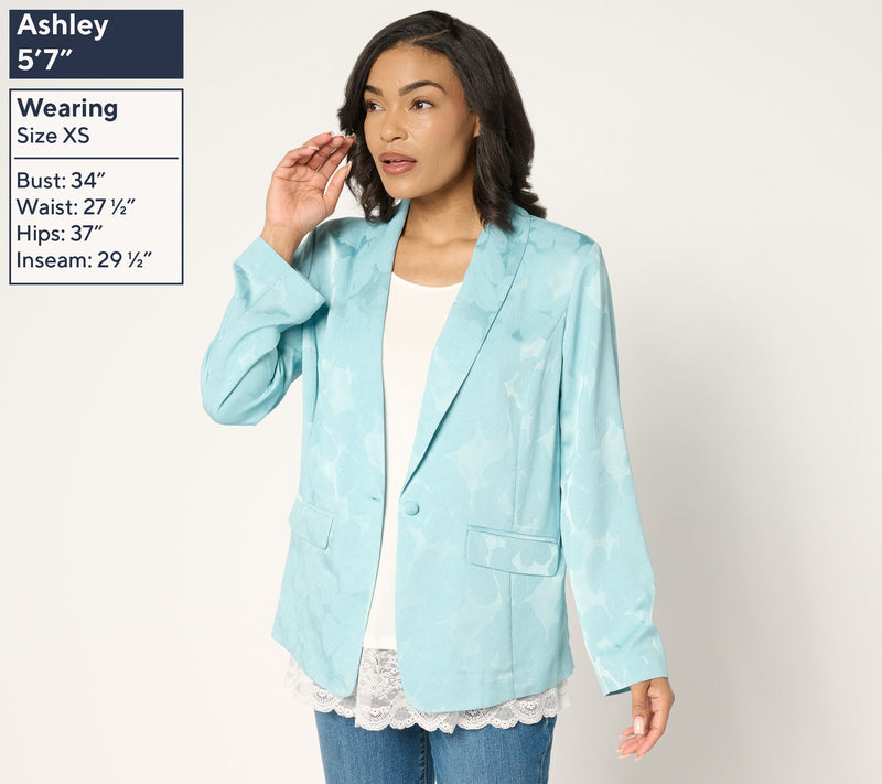 LOGO by Lori Goldstein Button Front Shawl Collar Jacquard Blazer — View 3