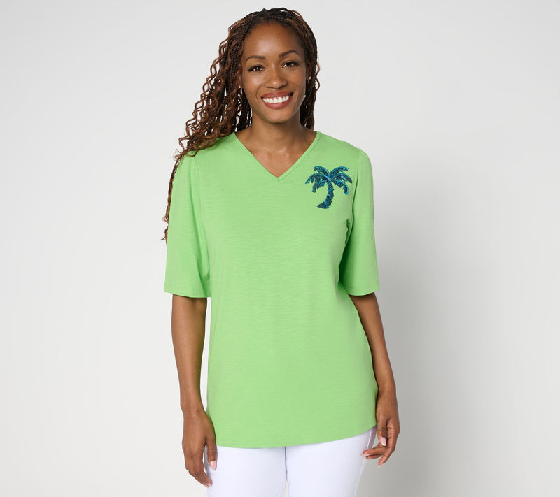 Quacker Factory Palmetto Embellished Puff Elbow Sleeve Top — Main view