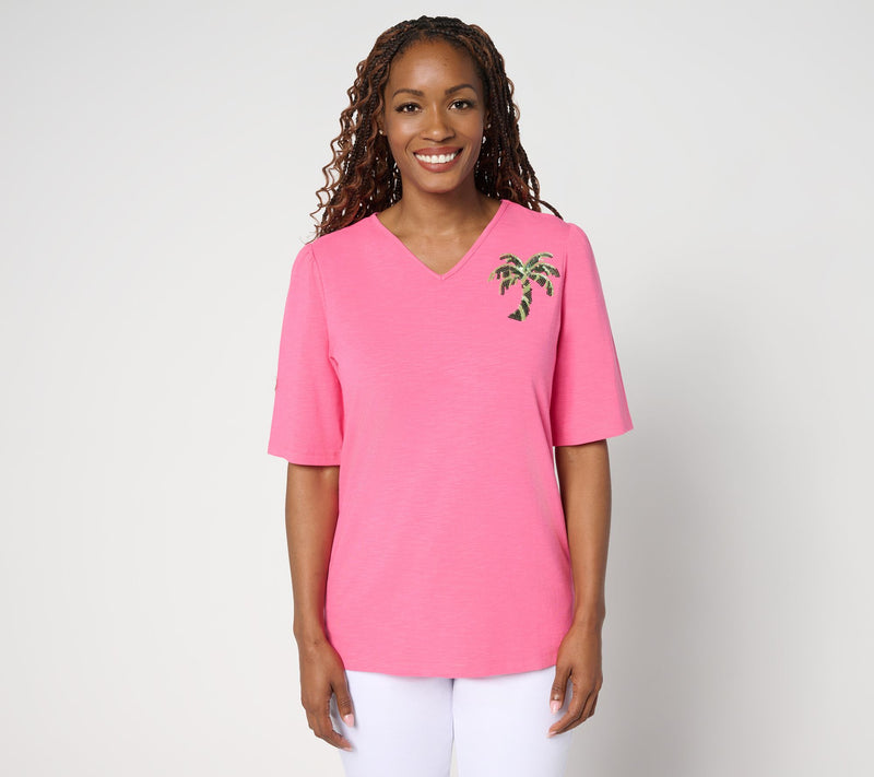 Quacker Factory Palmetto Embellished Puff Elbow Sleeve Top — View 7