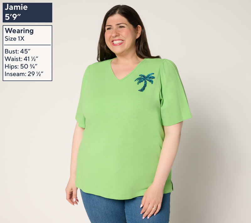 Quacker Factory Palmetto Embellished Puff Elbow Sleeve Top — View 8
