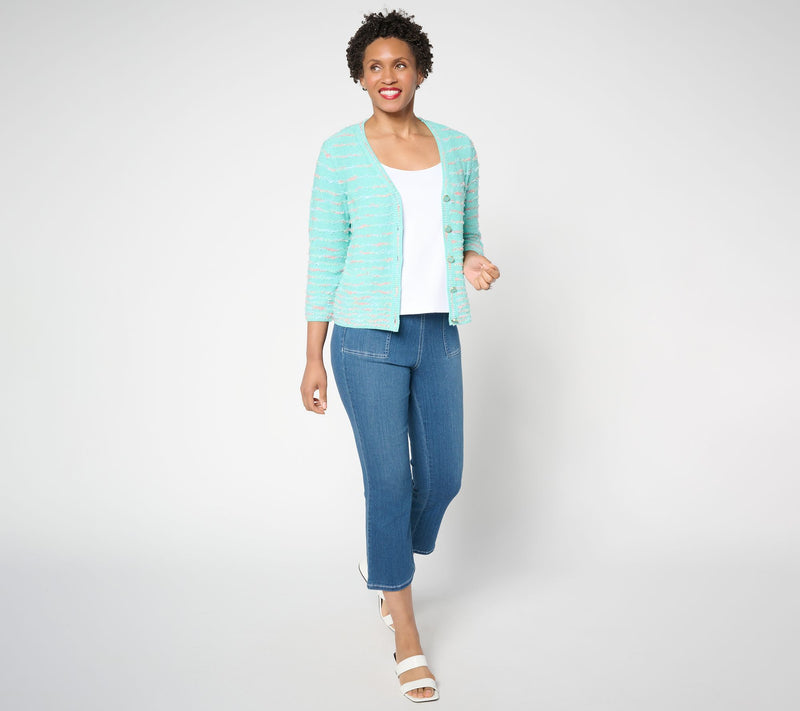 Isaac Mizrahi Live! Stripe Eyelash Yarn Button Front Cardigan — View 5