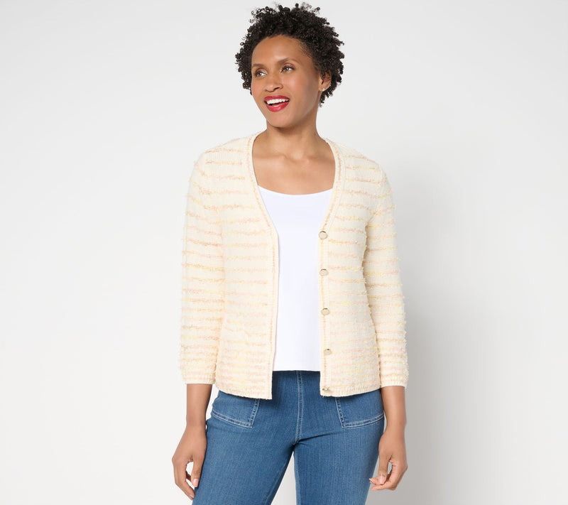 Isaac Mizrahi Live! Stripe Eyelash Yarn Button Front Cardigan — View 10