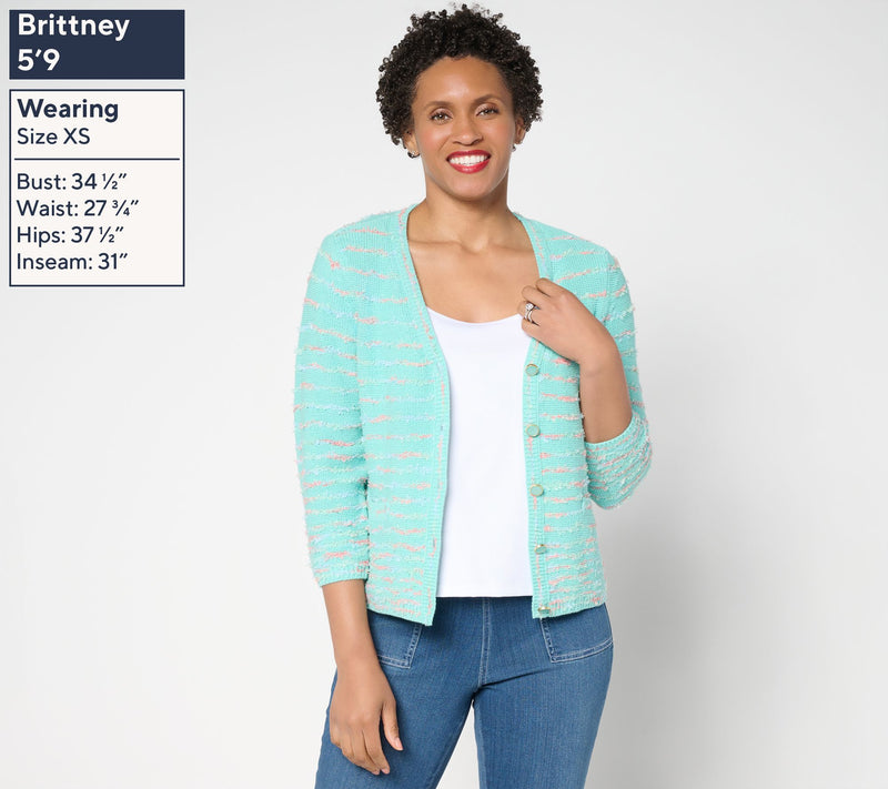 Isaac Mizrahi Live! Stripe Eyelash Yarn Button Front Cardigan — View 3