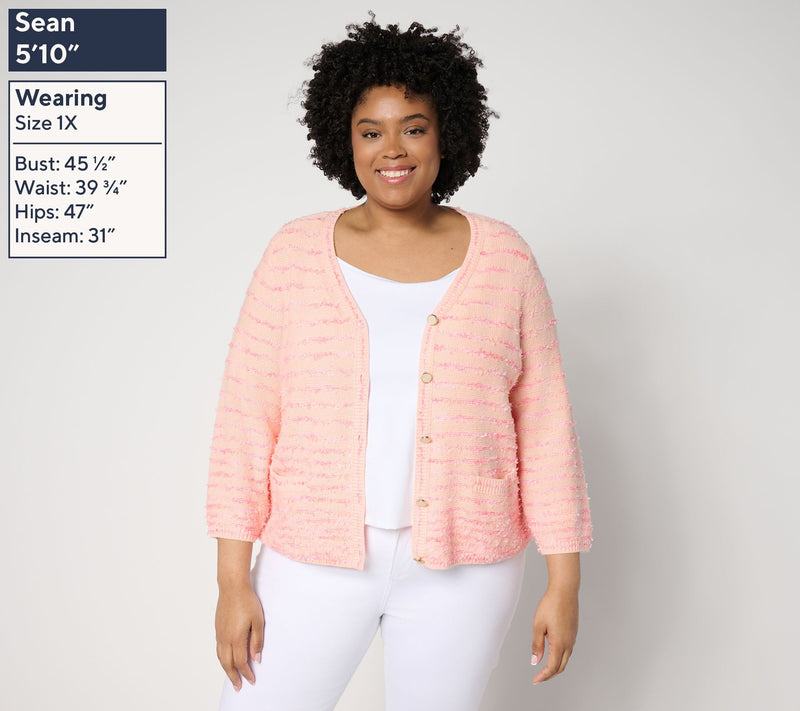 Isaac Mizrahi Live! Stripe Eyelash Yarn Button Front Cardigan — View 2
