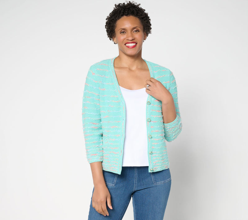 Isaac Mizrahi Live! Stripe Eyelash Yarn Button Front Cardigan — View 11