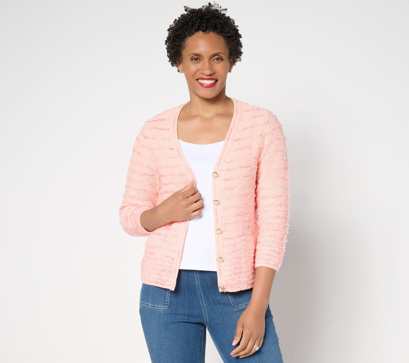 Isaac Mizrahi Live! Stripe Eyelash Yarn Button Front Cardigan — View 12