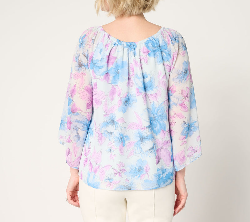 Dennis Basso Printed Chiffon Top with Gathered Neckline — View 4