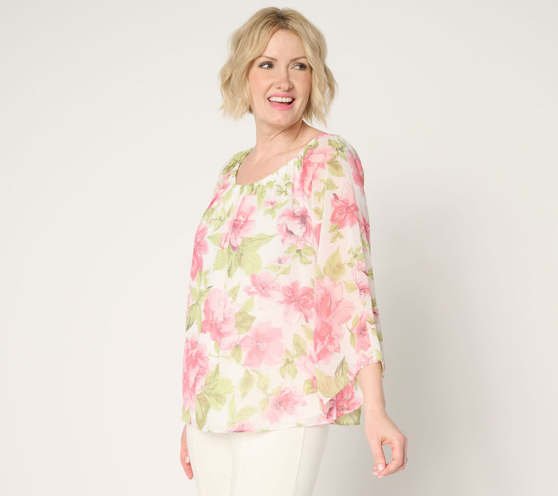 Dennis Basso Printed Chiffon Top with Gathered Neckline — View 12