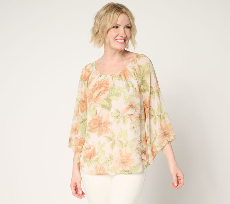 Dennis Basso Printed Chiffon Top with Gathered Neckline — View 13