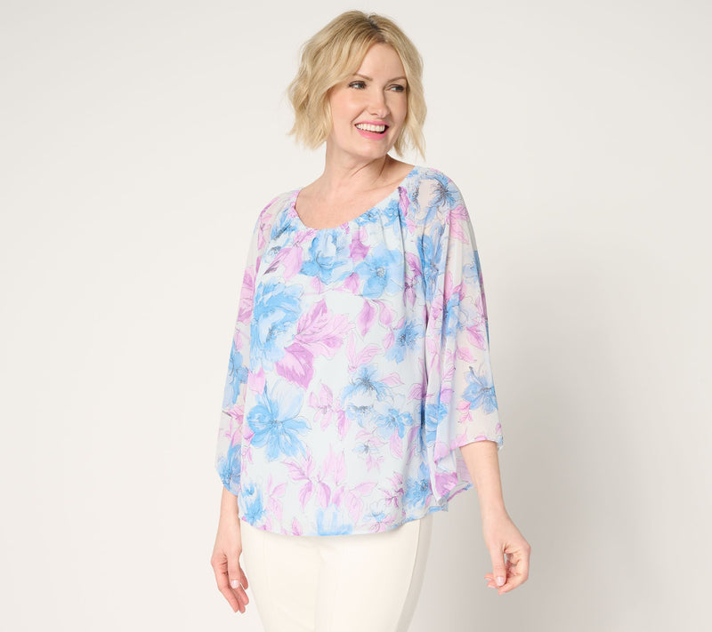 Dennis Basso Printed Chiffon Top with Gathered Neckline — View 14