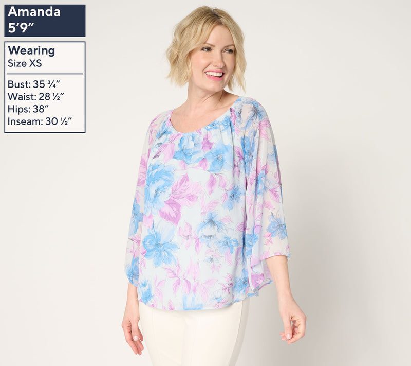 Dennis Basso Printed Chiffon Top with Gathered Neckline — View 3