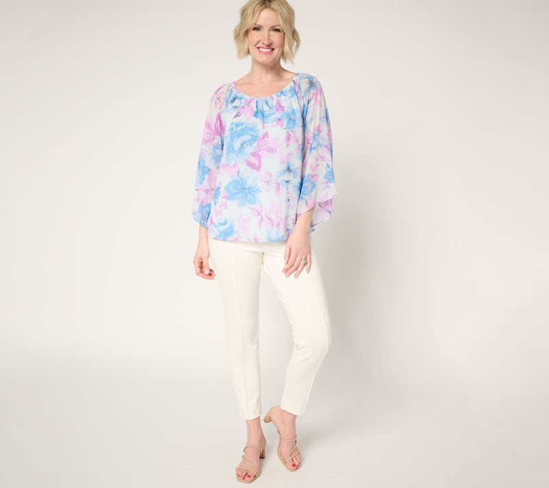 Dennis Basso Printed Chiffon Top with Gathered Neckline — View 5