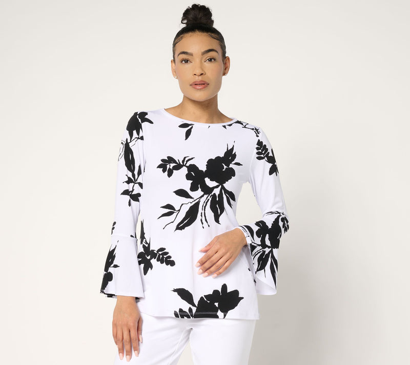 Dennis Basso Printed Caviar Crepe Top with Bell Sleeve — View 12