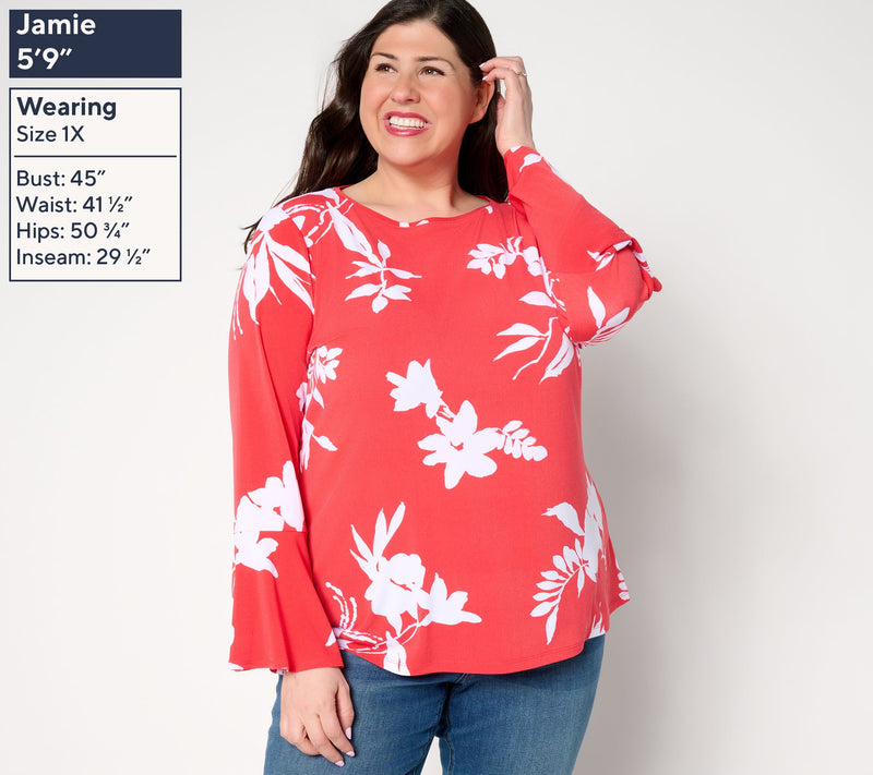 Dennis Basso Printed Caviar Crepe Top with Bell Sleeve — View 2