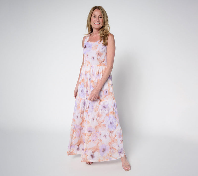 Susan Graver Regular Printed Mesh Tiered Sleeveless Dress — View 9