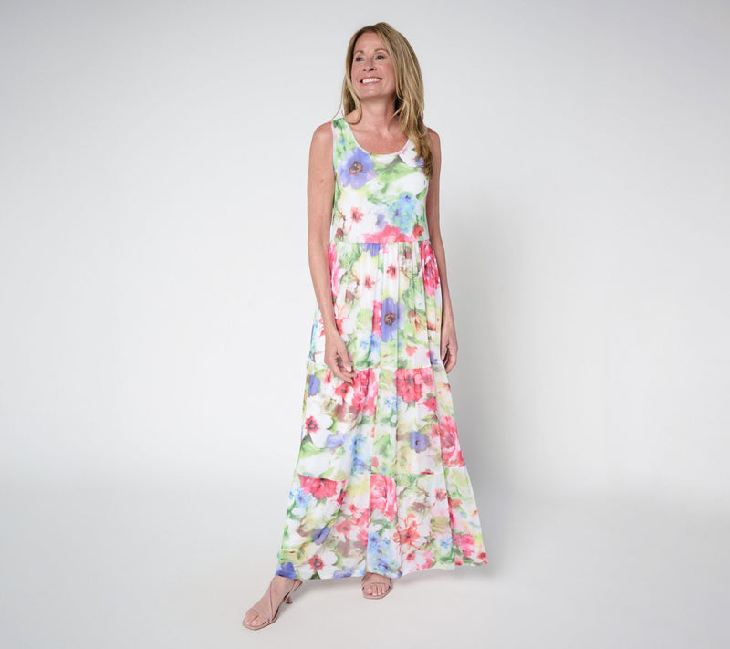 Susan Graver Regular Printed Mesh Tiered Sleeveless Dress — View 11
