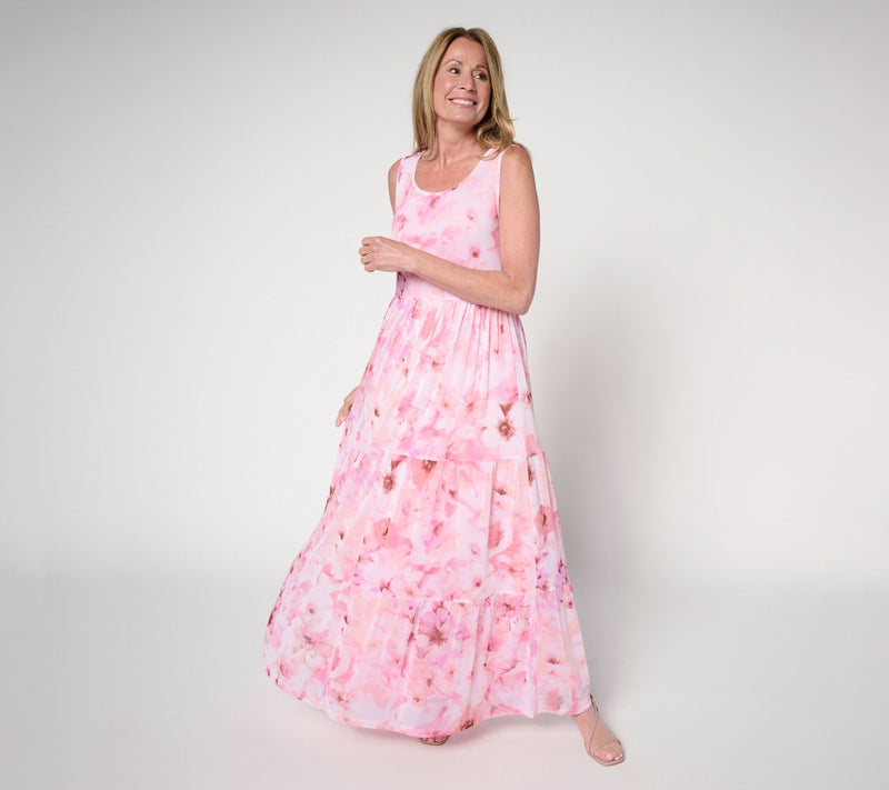 Susan Graver Regular Printed Mesh Tiered Sleeveless Dress — View 12