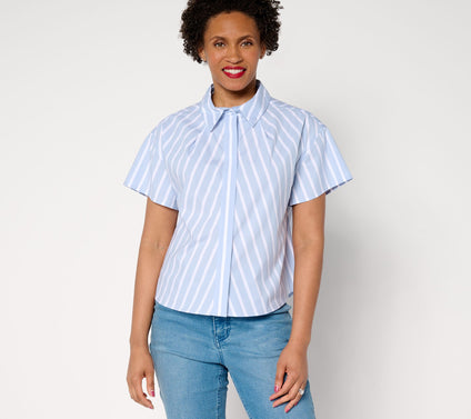 AnyBody Pleated Neckline Collared Woven Shirt