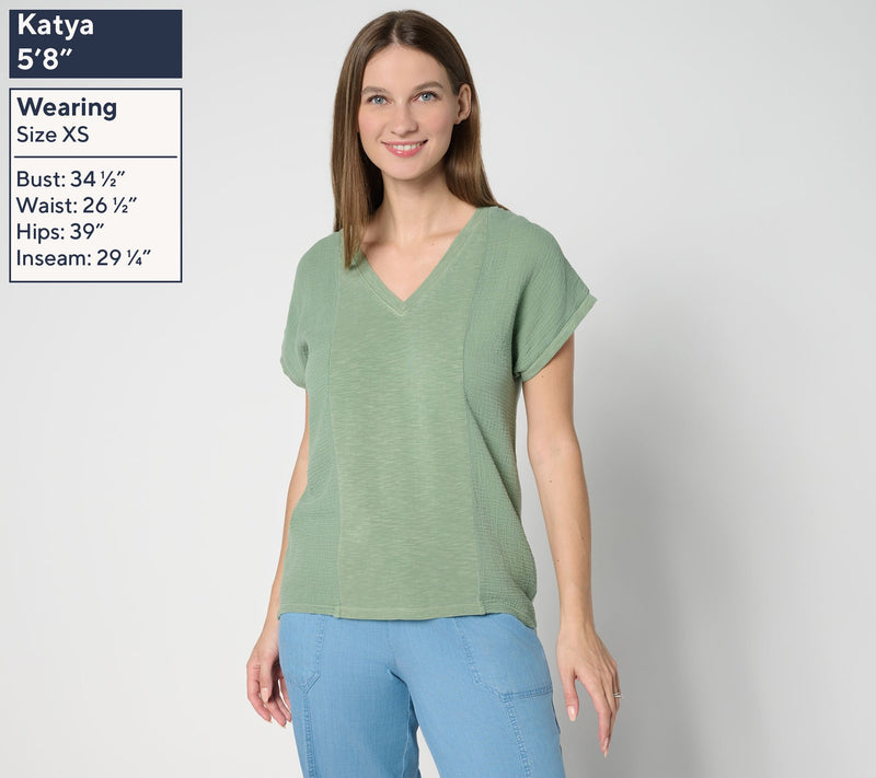 AnyBody Slub Jersey and Gauze Mixed Short Sleeve Top — View 3
