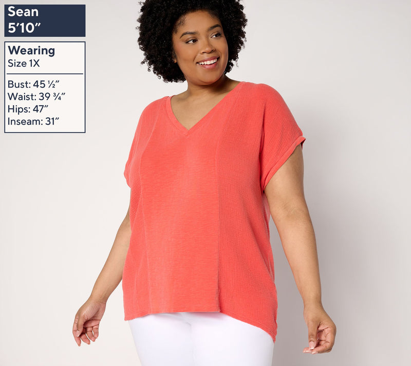 AnyBody Slub Jersey and Gauze Mixed Short Sleeve Top — View 2