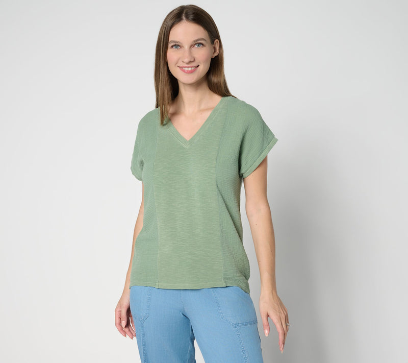 AnyBody Slub Jersey and Gauze Mixed Short Sleeve Top — View 13