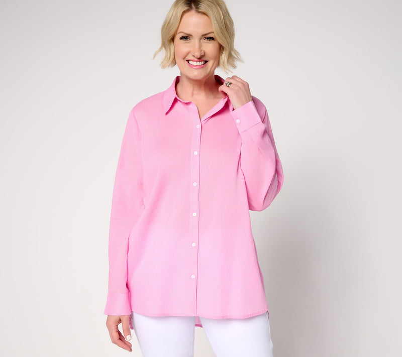 Peace Love World Cotton Affirmation Back Button Front Shirt — Main view