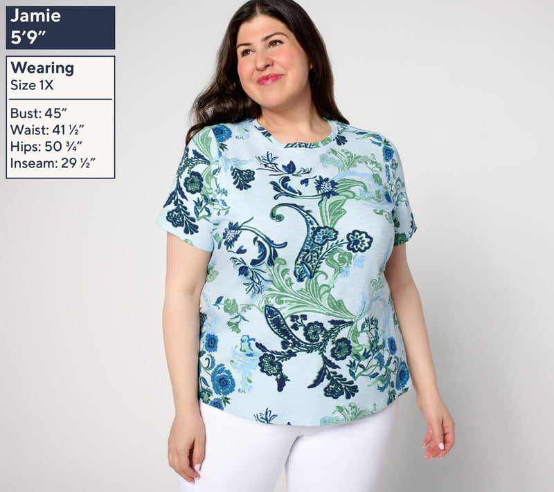 Denim & Co. Printed Textured Knit Short Sleeve Crew Neck Top — View 2