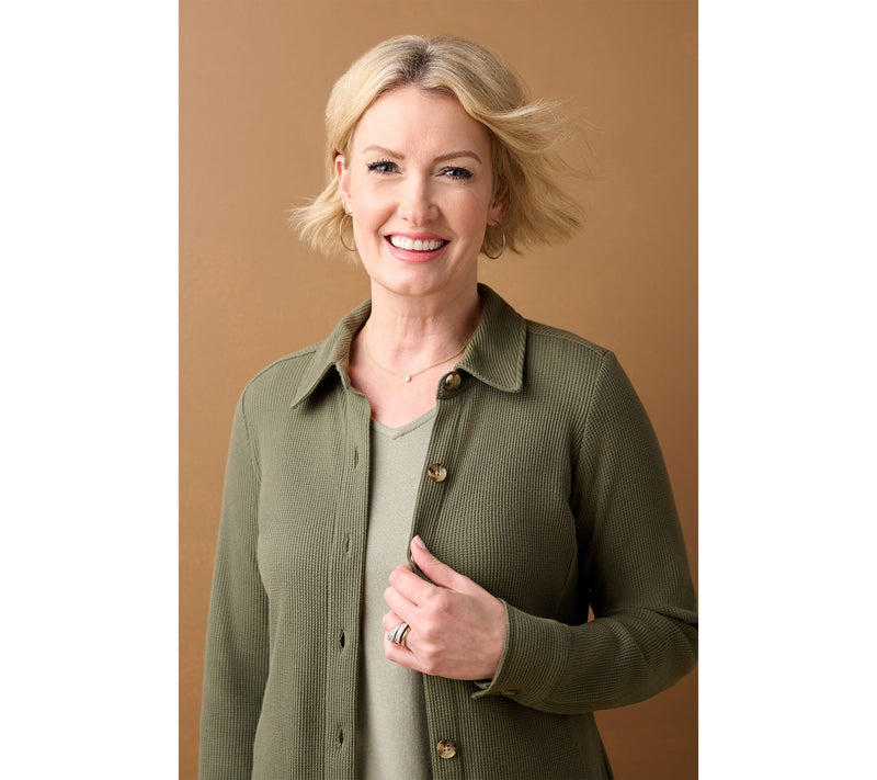 Belle by Kim Gravel Regular Waffle Knit & Jersey Button Front Top — View 8