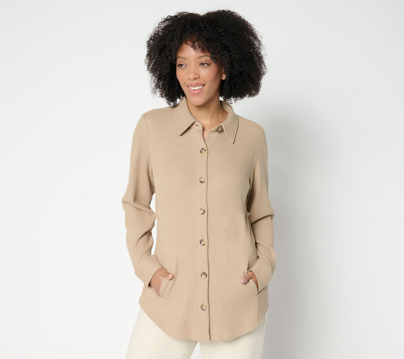 Belle by Kim Gravel Regular Waffle Knit & Jersey Button Front Top — View 15