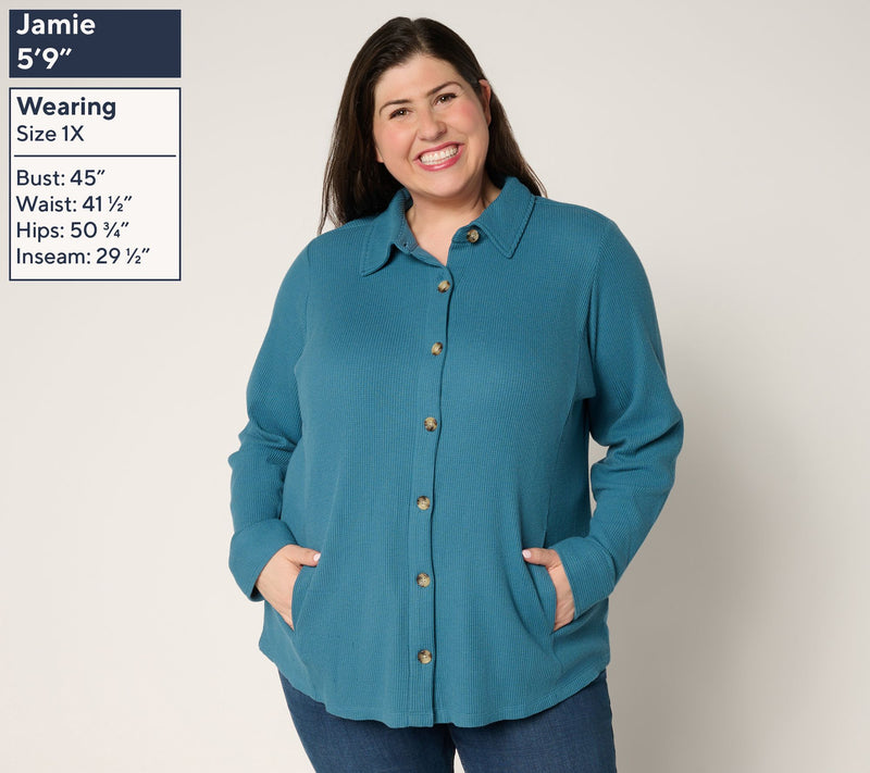 Belle by Kim Gravel Regular Waffle Knit & Jersey Button Front Top — View 2