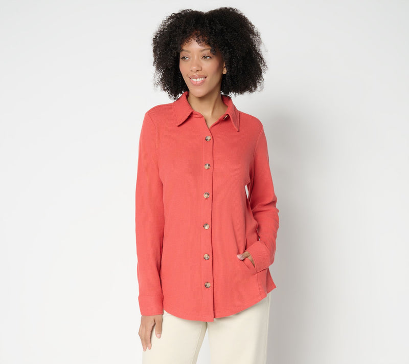 Belle by Kim Gravel Petite Waffle Knit & Jersey Button Front Top — View 14