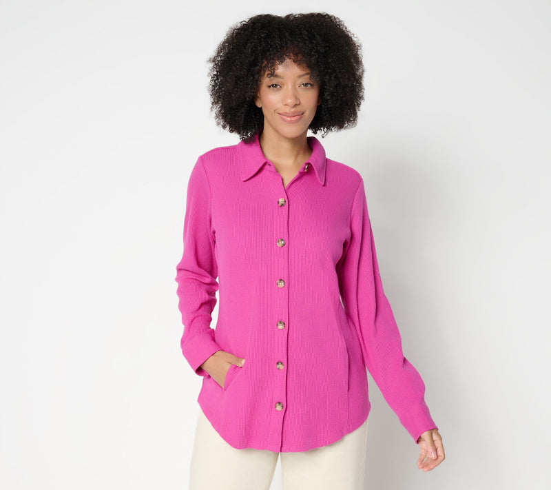 Belle by Kim Gravel Petite Waffle Knit & Jersey Button Front Top — View 16